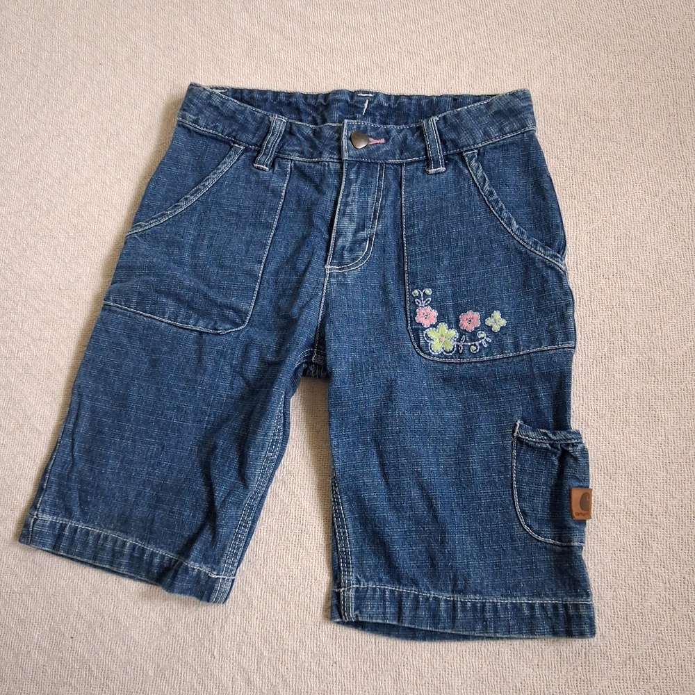 carhartt girls size 10 denim shorts embroidered floral utility jean cargo shorts